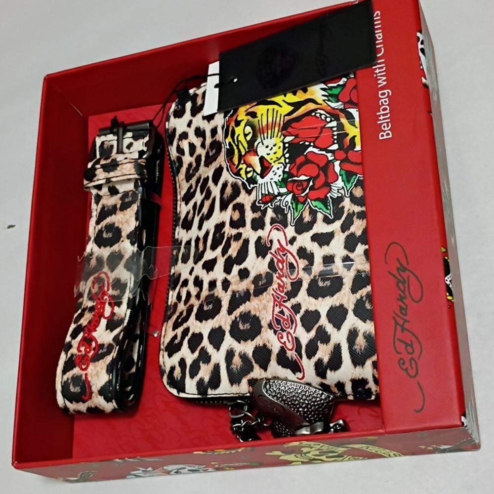 Ed Hardy Leopard Tiger Belt Bag   With Charms Tattoo Print